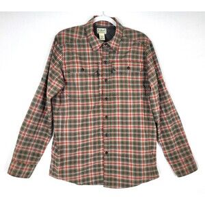 LL Bean Stretch Plaid Button Up Camp Shirt Mens Medium Orange Green Plaid